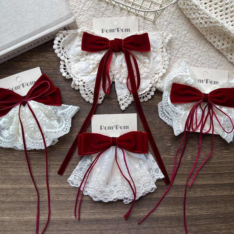 植绒蝴蝶结蕾丝儿童气质发夹