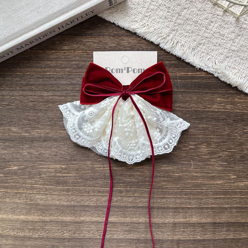 植绒蝴蝶结蕾丝儿童气质发夹