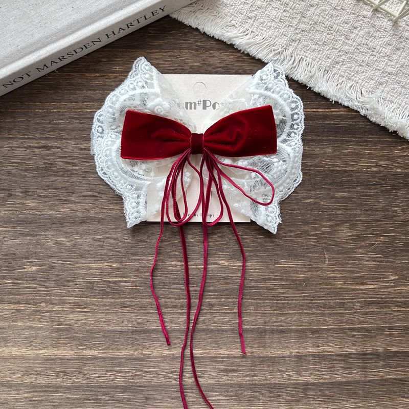 植绒蝴蝶结蕾丝儿童气质发夹