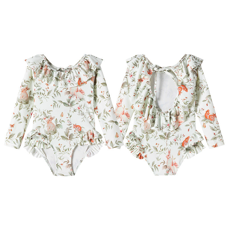 女童露背甜美花边长袖防连体泳衣