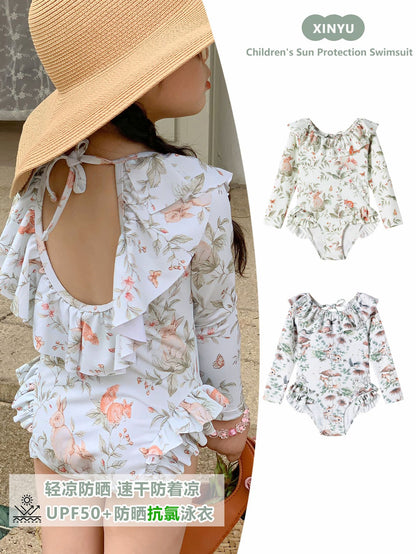 女童露背甜美花边长袖防连体泳衣
