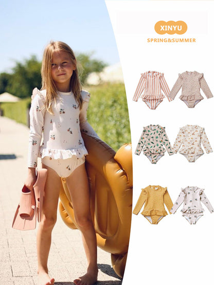 女童长袖防晒碎花连体泳衣