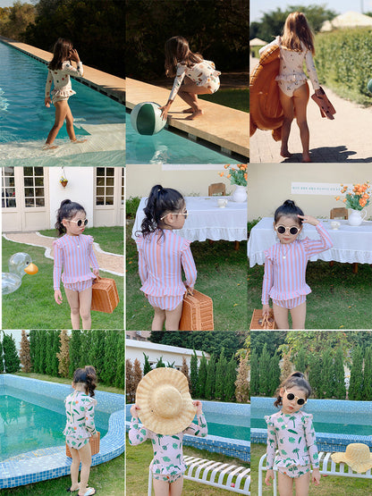 女童长袖防晒碎花连体泳衣