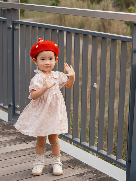 Cutemily童装女童手工绣花打揽连衣裙 婴童元宝领棉质碎花连衣裙